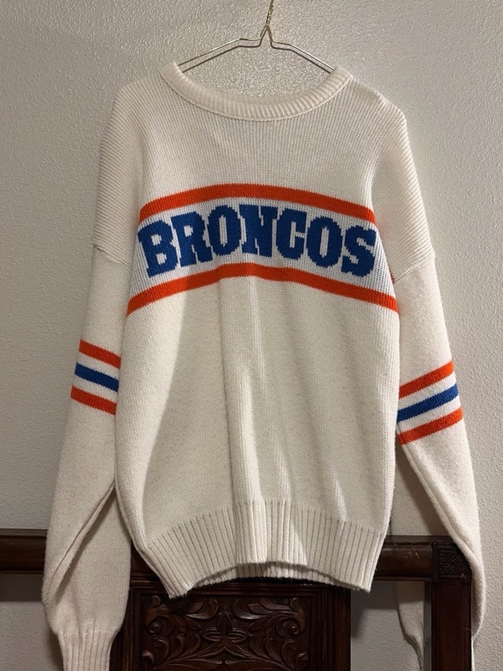 Broncos Graphic Crewneck Sweater - Cream with Blue & Orange Stripes